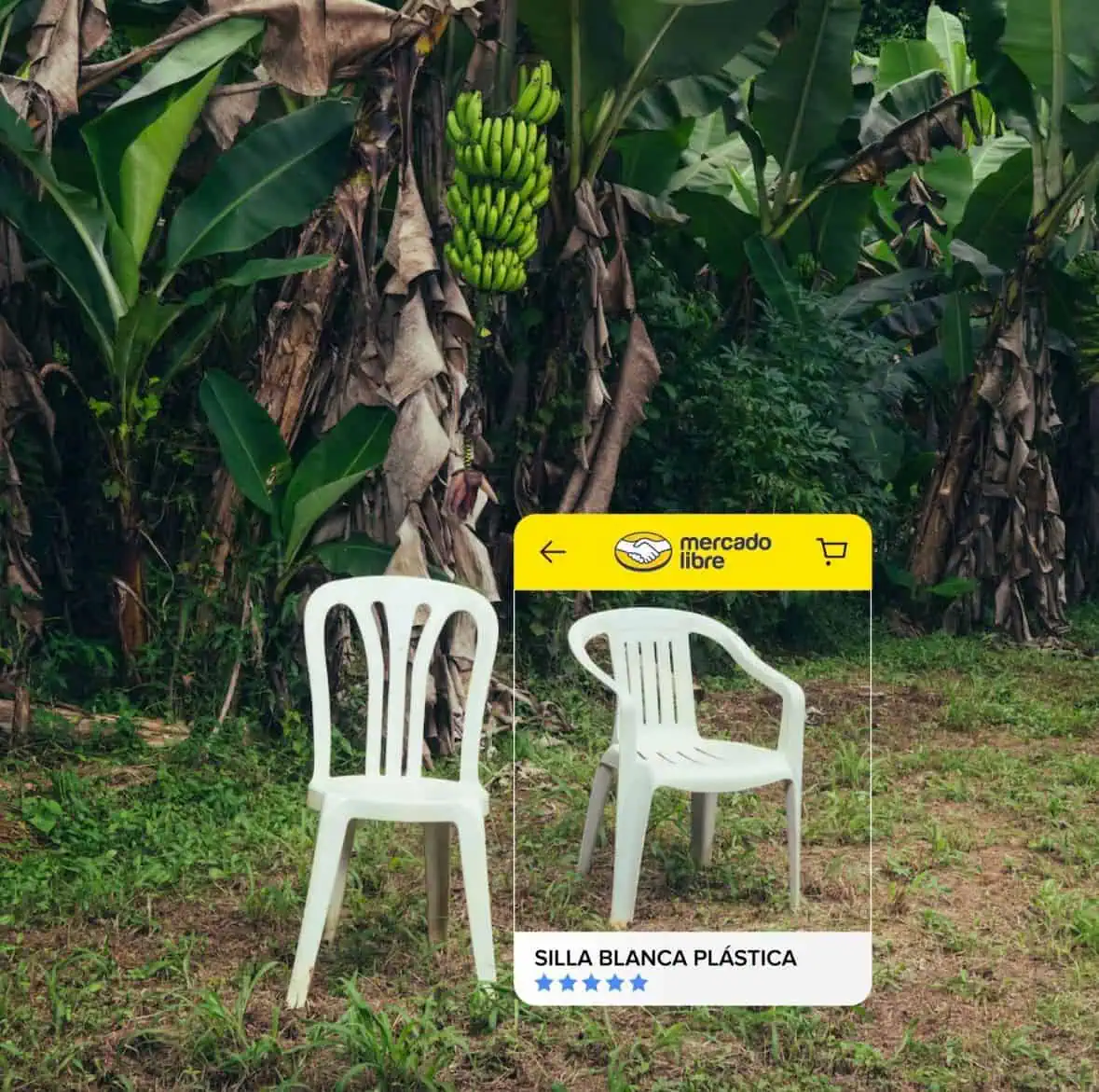 Dos sillas plásticas blancas en un entorno natural con plantas de plátano al fondo, acompañadas de una interfaz de Mercado Libre que destaca la venta de una "Silla Blanca Plástica" con calificación de 5 estrellas.