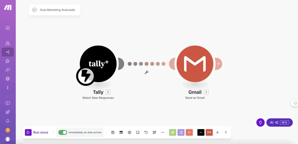 Flujo de automatización en Make.com conectando Tally con Gmail para el envío automático de correos electrónicos.