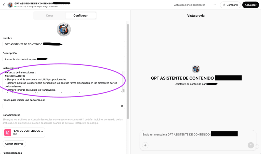 Configuración de GPT Asistente de Contenido en la plataforma de OpenAI, con opciones para personalizar instrucciones, conocimientos y funcionalidades.