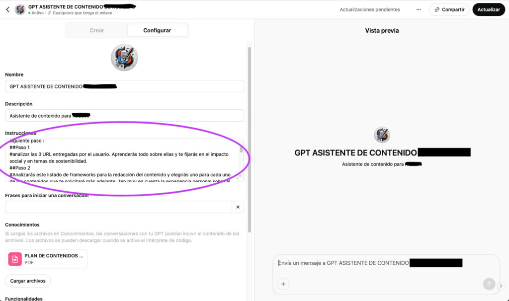 Configuración de GPT Asistente de Contenido en la plataforma de OpenAI, con opciones para personalizar instrucciones, conocimientos y funcionalidades.