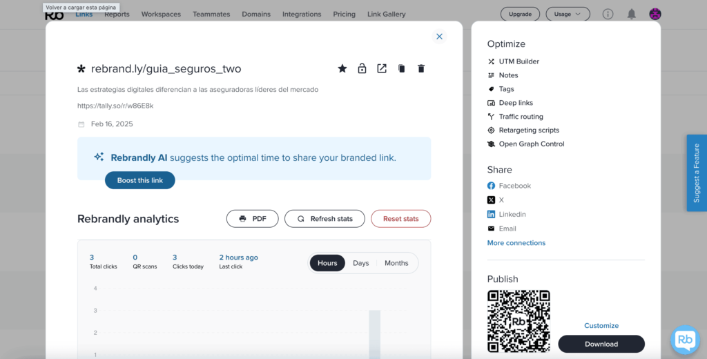 Interfaz de Rebrandly mostrando estadísticas de clics para el enlace corto "guia_seguros_two" y opciones de optimización y compartición en redes sociales.
